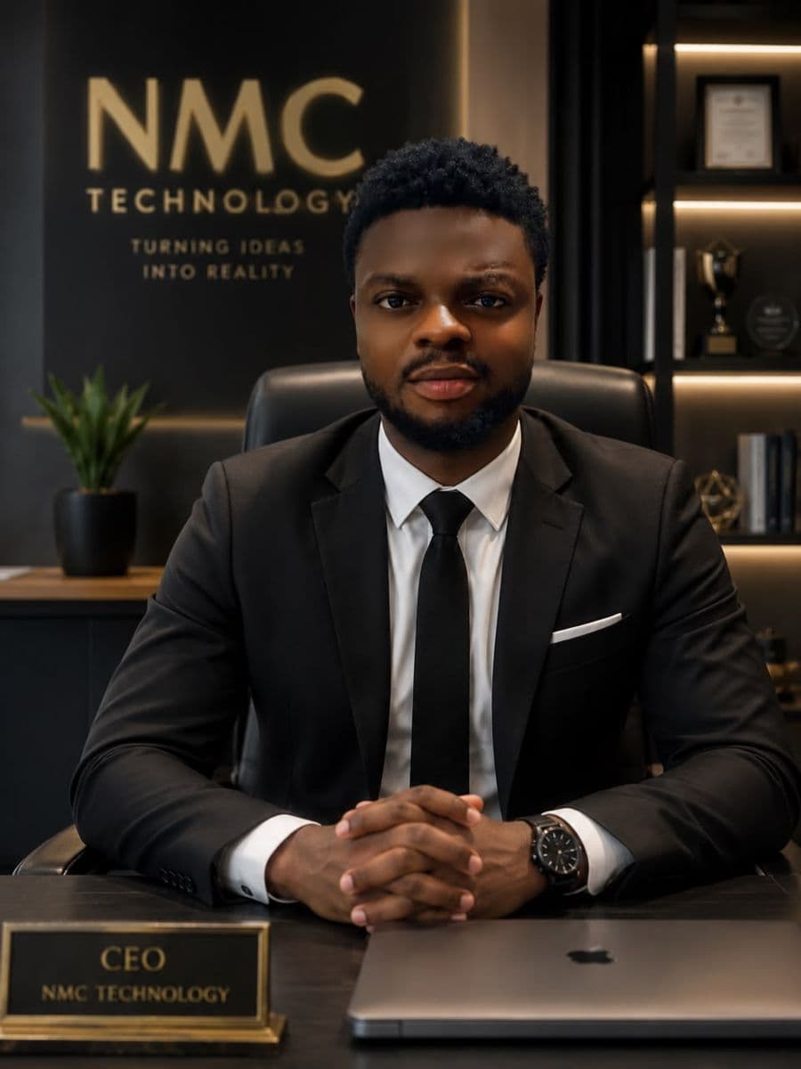 Engr. Michael Nwachukwu, Founder and CEO of NMC Technology, seated at his desk